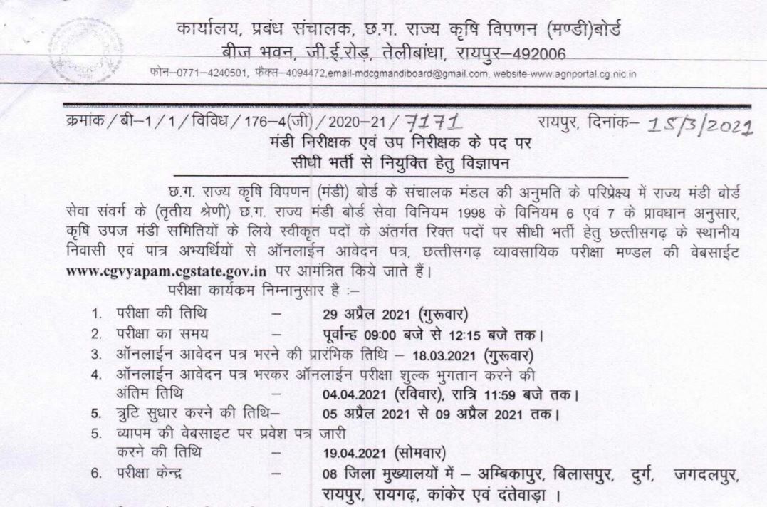 CGVyapam Admit Card 2021